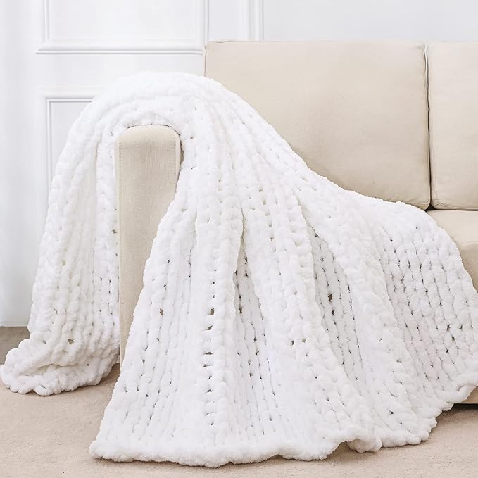 Bigacogo Chunky Knit Throw Blanket for Couch, 51x63 inches, 100% Hand Knitted with Thick Jumbo Chenille Yarn, Cozy Soft Large Rope Knot Cable Crochet Blankets for Sofa Bed Living Room, White-Ruum Studio Home