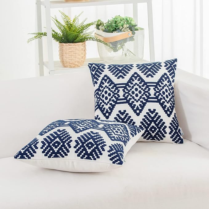 HWY 50 Navy Blue Decorative Throw Pillow Covers 18x18 Inch, Pack of 2 Embroidered Cotton Farmhouse Cushion Cover Pillow Case for Sofa Couch Living Room Bed Bedroon, Diamond Geometric Design-Ruum Studio Home