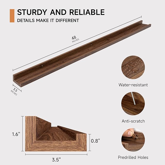 Fun Memories Picture Ledge Shelf, 48 Inch Floating Shelves Set of 2, Large Nursery Book Shelves for Toys Storage, Kids Bookshelf Wall Mounted for Wall Decor Books Photo Frames, Walnut-Ruum Studio Home