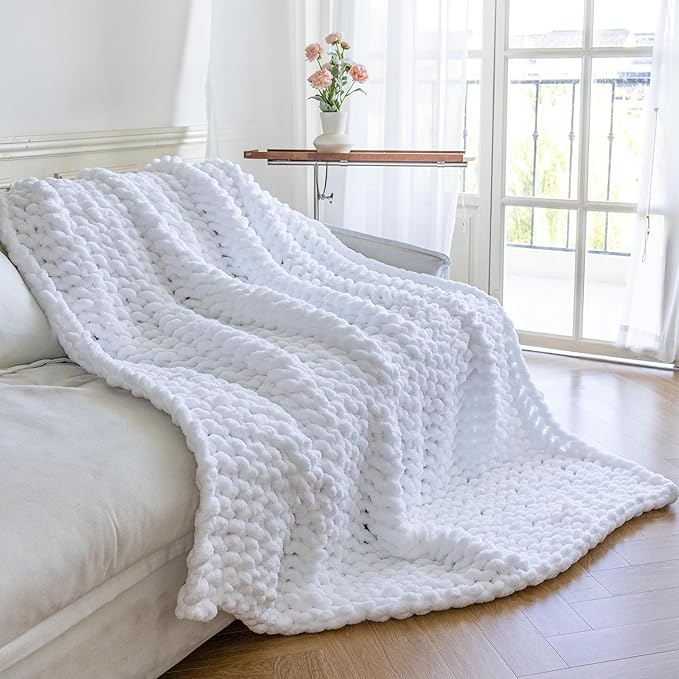 Chunky Knit Blanket - Luxury Soft Cozy 50 * 60 Throw Blanket,100% Woven Blanket Rope Knot Throw Blanket for Couch, Sofa, Home Decor, Gift - Machine Washable（White）-Ruum Studio Home