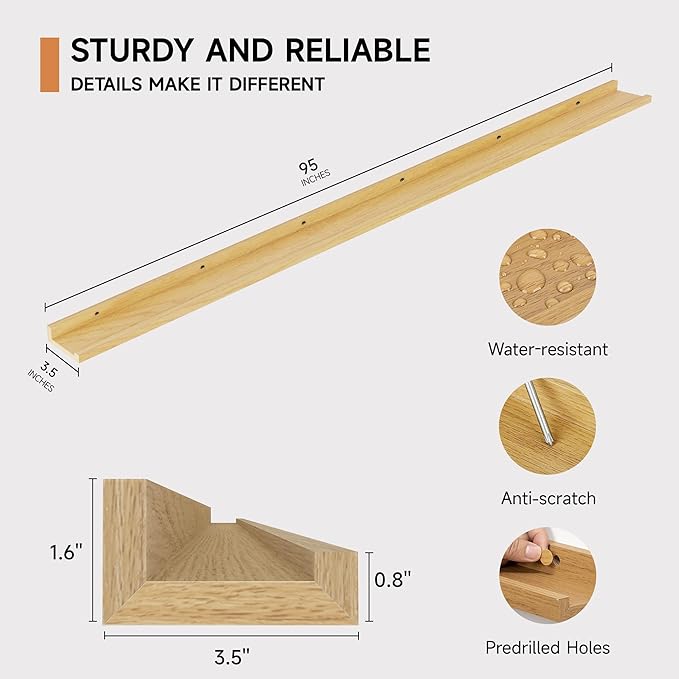 Floating Picture Ledge Shelves for Wall Set of 2, 95 Inches Picture Ledge Shelf with Long Large Nursery Book Shelf for Toys Storage Kids Bookshelf Wall Mounted Living Room Bedroom Decor Frames, Oak-Ruum Studio Home