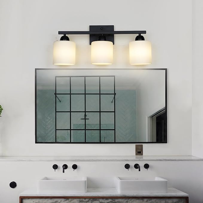 Milk Glass Vanity Lights for Bathroom, 3 Light Matte Black Bathroom Light Fixtures Over Mirror, Ceramic E26 Sockets Wall Mounted-Ruum Studio Home