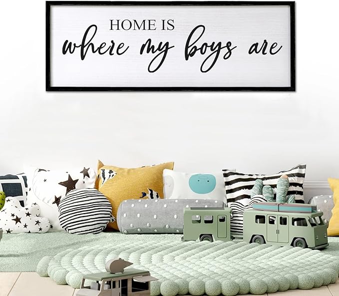 Home is Where My Boys are Sign Framed Wall Art, 32''×12'' Rustic Horizontal My Son Plaque with Black Frame for Baby Kid Boy Son Teen Toddlers Room, Horizontal Mom of Boys Gifts Nursery Decor-Ruum Studio Home