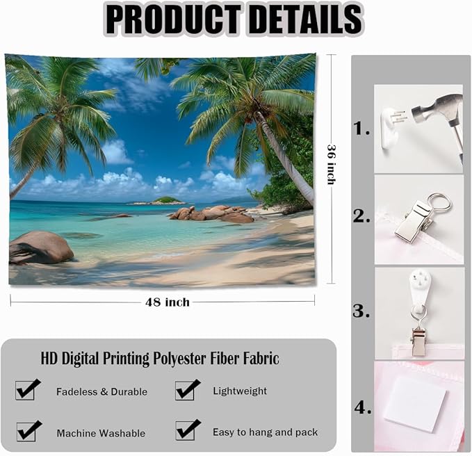 keowhsf Beach Summer Ocean Tapestry – Tropical Palm Trees Wall Hanging Decor with Blue Sky and Seaside Scenery, Nature Landscape Tapestry for Bedroom Living Room Dorm-Ruum Studio Home