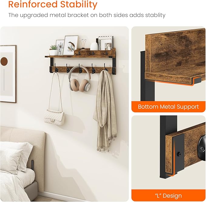 Homode Coat Rack with Shelf, Wall Shelf with Hooks, 26 Inch Long Coat Hanger Wall Mount with Key and Mail Holder, Wood Entryway Shelves for Hanging Hat Jacket Backpack Purse, Rustic Brown Black-Ruum Studio Home