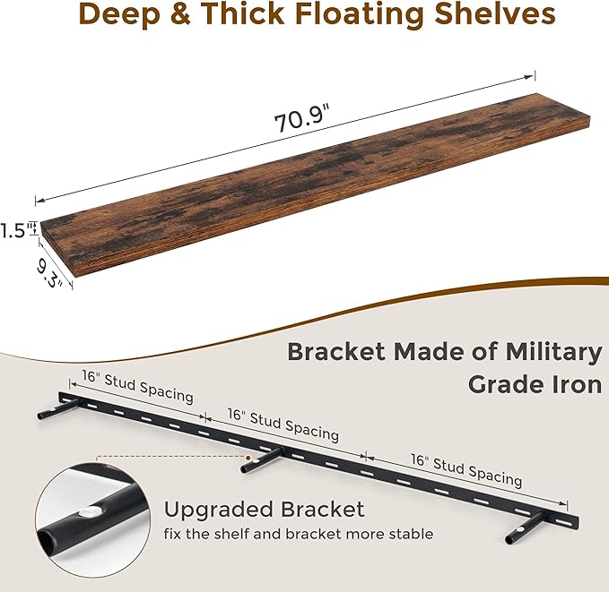 72 Inch Floating Shelves, 72 x 9 Rustic Wooden Fireplace Mantel, 9 Inch Floating Shelf for Wall, Farmhouse Wall Shelves for Home Storage & Display, Rustic Brown Color, Set of 1-Ruum Studio Home