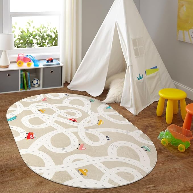 STARUIA Large Kids Rug for Playroom, 4'x6' Washable Road Rug for Nursery, Non-Slip Car Rugs for Boys Room, Tan Traffic Classroom Rugs Soft Baby Play Mat for Dorm Toy Room Tent-Ruum Studio Home