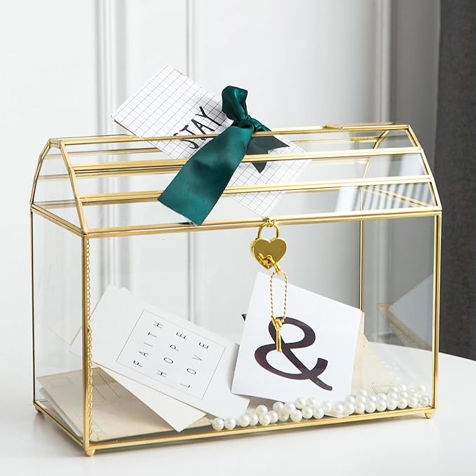 Wedding Card Box with Slot, 12.2'' Large Glass Card Boxes for Reception, Gold Card Holder, Clear Decorative Storage Box with Lock for Baby Shower, Birthday Party, Christmas, Bridal Shower-Ruum Studio Home