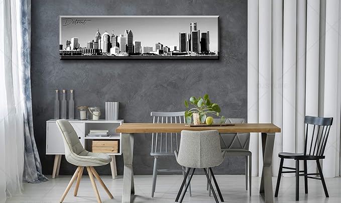 DJSYLIFE Detroit Skyline Wall Art Black and White Canvas Prints USA Skyscraper Panoramic Cityscape Picture for Bedroom Office Home Decoration Ready to Hang 13.8" x 47.3"-Ruum Studio Home