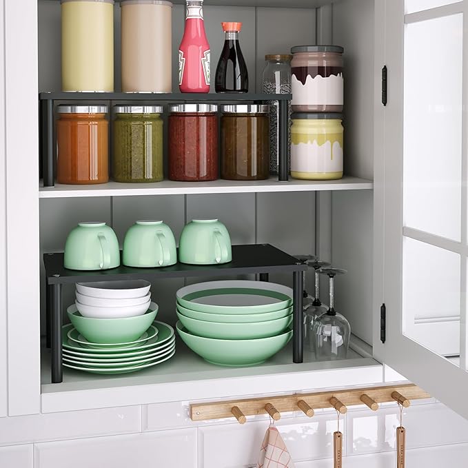 Cabinet Organizer Shelf(Set of 2),Kitchen Counter Shelves,Bamboo Spice Rack Countertop and Cabinet,Stackable Expandable,Medium(Black)-Ruum Studio Home