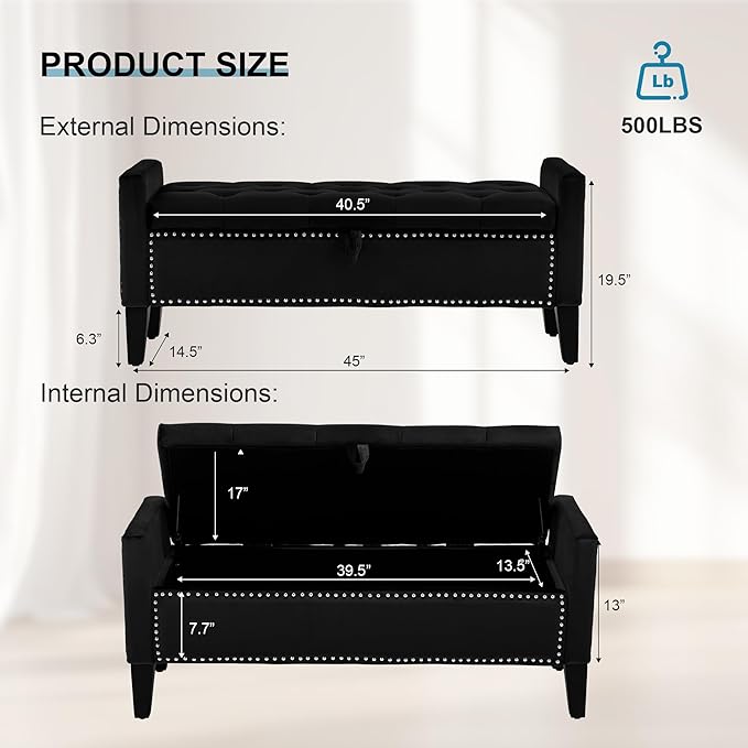 Storage Ottoman Bench, Velvet Upholstered Footstool for Bedroom and Living Room, Tufted Seat with Storage, Wooden Legs & Metal Rivets, Black-Ruum Studio Home