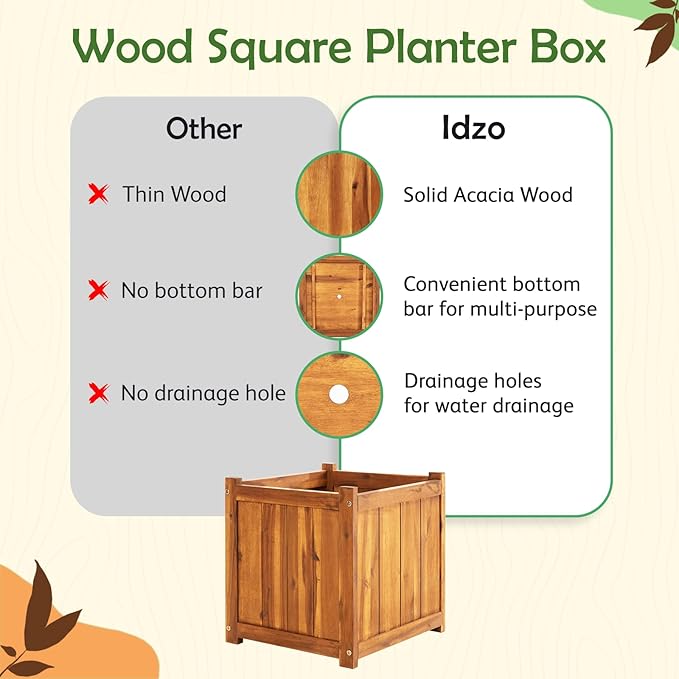 Idzo Set of 2 Hardwood Outdoor Flower Box, Durable Acacia Wood Flower Boxes for Outdoor Plants with Ergonomic Handles, Drainage Holes, Multiple Sizes Wood Bucket Planter for Home Décor-Ruum Studio Home