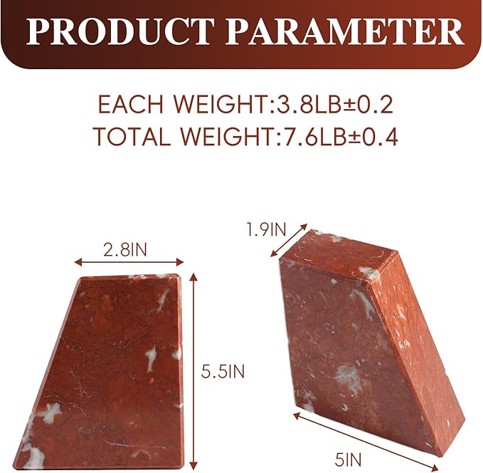 Marble Bookend for Heavy Books, Decorative Bookends for Shelves, 7.5LB Durable and Heavy-Duty Book End for Hardback Book & CDS, Unique Book Stopper & Holder, Rosso Francia, Set of 2-Ruum Studio Home