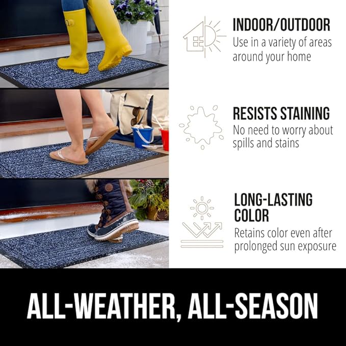GORILLA GRIP 100% Waterproof All-Season WeatherMax Doormat, 47x35, US Designed Natural Rubber, Stain and Fade Resistant, Low Profile Indoor Outdoor Door Mats, Easy Clean Patio Mat, Navy Greek Keys-Ruum Studio Home