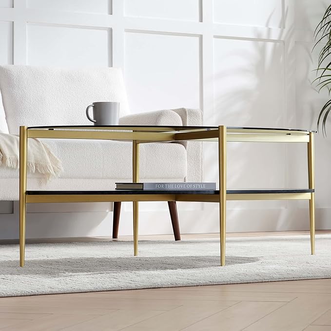 Oval Glass Coffee Table, Mid-Century Modern Design, L43 x W22 x H17 inch, Surfboard Shaped Grey Glass Top and Black Marble Finish Wood Shelf, Tapered Legs with Gold Finish Frame-Ruum Studio Home