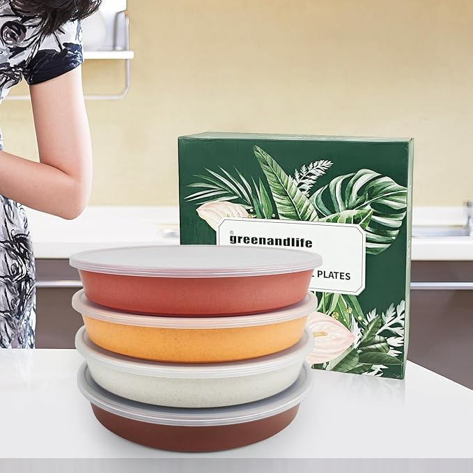 greenandlife 9 Inch 4PCS Portion Control Plates with Lids, Divided Plates for Kids Adults, Dishwasher Microwave Safe Compartment Plate Set, Unbreakable Lightweight Reusable Wheat Straw Plate, Sunset-Ruum Studio Home