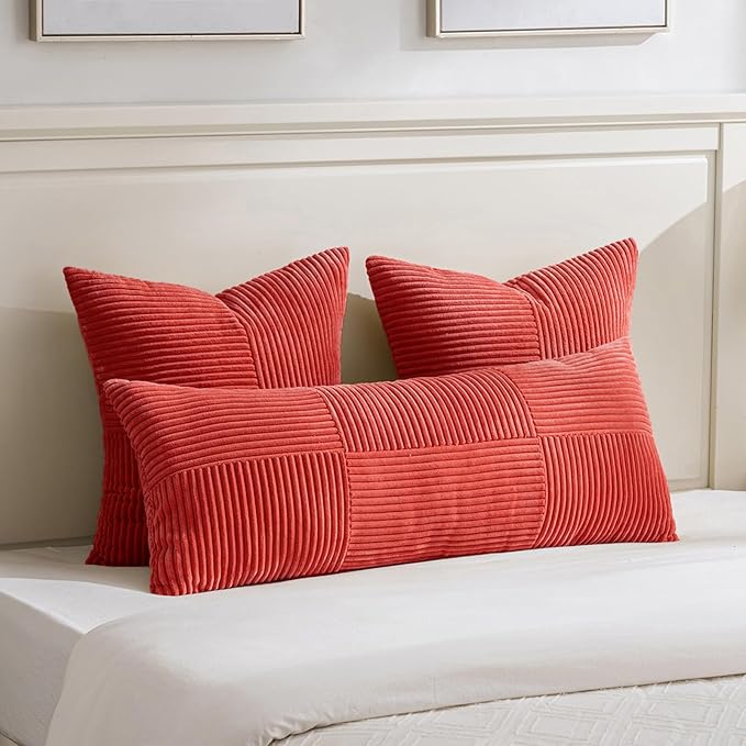 Fancy Homi 2 Packs Red Decorative Throw Pillow Covers 22x22 Inch for Living Room Couch Bed Sofa, Holiday Christmas Home Decor Gift, Soft Corss Corduroy Patchwork Accent Square Cushion Case 55x55 cm-Ruum Studio Home