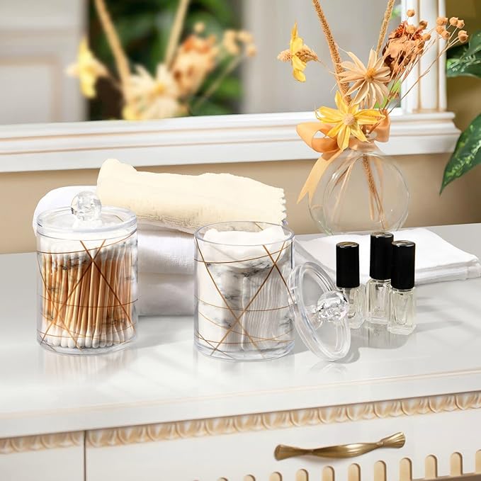 2 Pack Qtip Holder Dispenser White Marble Gold Line Bathroom Storage Canister Lid Acrylic Plastic Apothecary Jar Set Vanity Makeup Organizer for Cotton Swabs/Pads/Floss-Ruum Studio Home