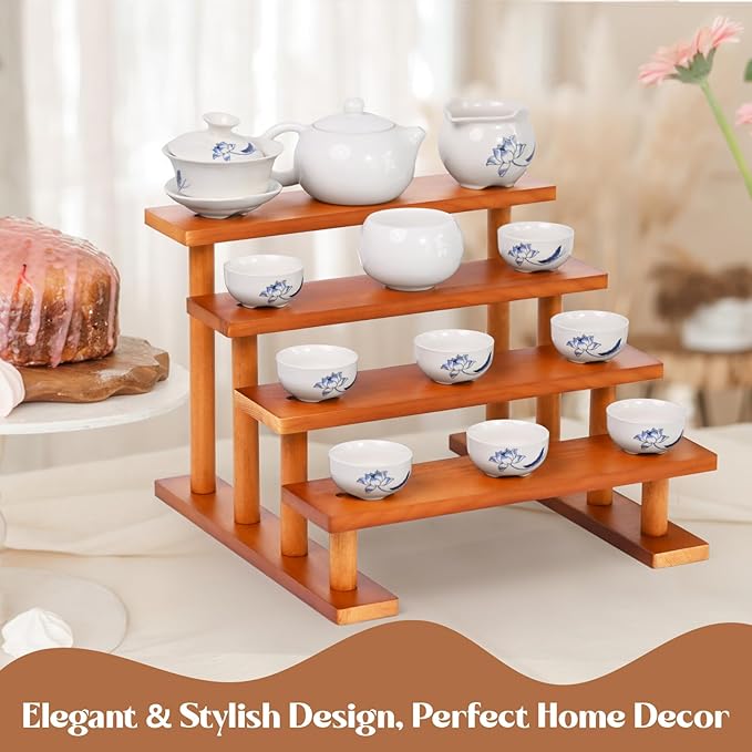 4 Tier Wooden Display Riser Stand Perfume Organizer, Dessert Table Display Set, Solid Wood Food Display Stands for Party, Bamboo Rustic Solid Wood Shelf for Cupcakes, Perfume, Cologne, Spiece-Ruum Studio Home