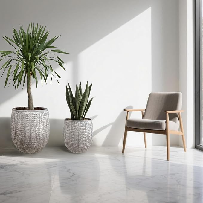 Worth Garden Large Round Planters Set of 2 (14.5"x17.5" & 12" x15“) - Lightweight Magnesium Oxide Cement Plant Pot with Texture - Grey Concrete Look with Drainage Hole – Indoor & Outdoor Use-Ruum Studio Home