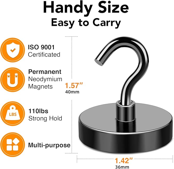 MIKEDE Black Magnetic Hooks Heavy Duty, 150LB+ Strong Neodymium Magnets for Refrigerator, Magnetic Hooks with Epoxy Coating for Hanging, Magnets with Hooks for Cruise, Home, Workplace - 10 Pack-Ruum Studio Home
