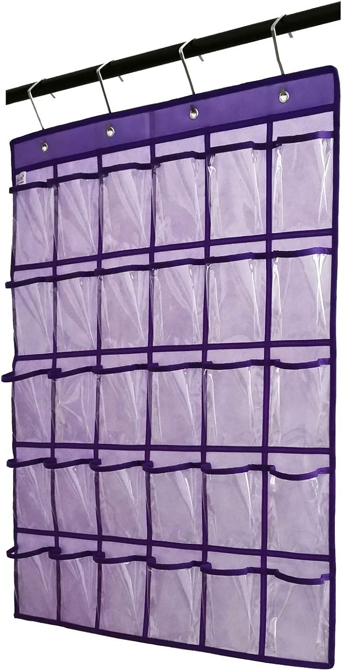 Classroom Pocket Chart for Phone Calculator Holder Over The Door Hanging Closet Jewelry Organizer with 30 Clear Pockets (Purple)-Ruum Studio Home