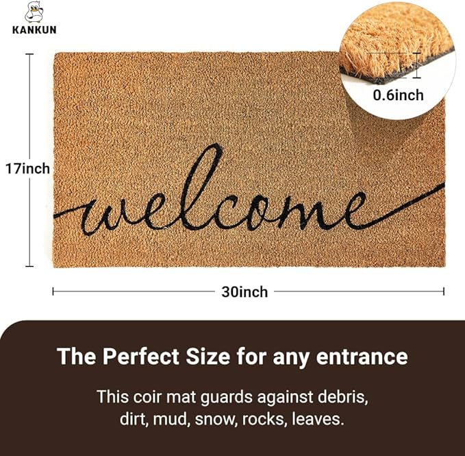 KANKUN Coco Coir Door Mat with Heavy Duty Backing, Welcome Doormat (17" x 30"), Doormat Entrance (Welcome1)-Ruum Studio Home