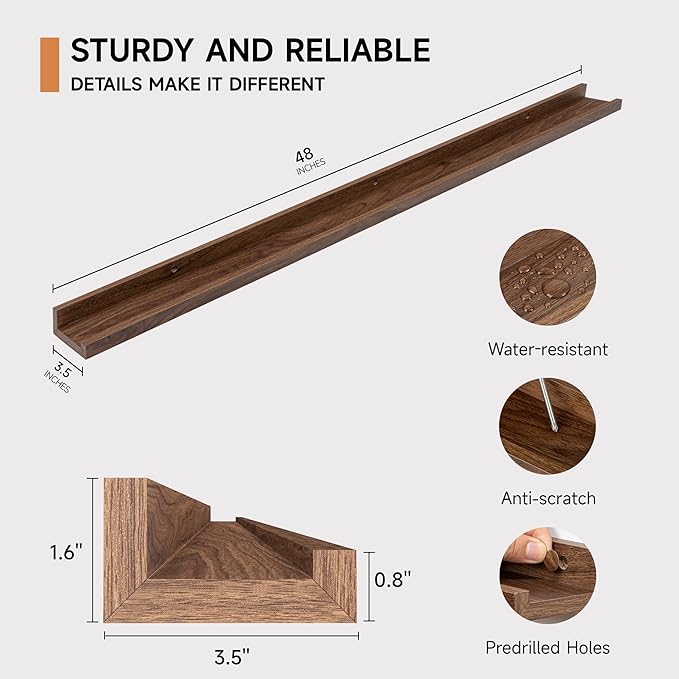 Picture Ledge Shelf for Wall, Floating Shelves Set of 4, 48 Inch Long Nursery Book Shelves for Toys Storage, Kids Bookshelf Wall Mounted for Books Photo Frames, Walnut-Ruum Studio Home