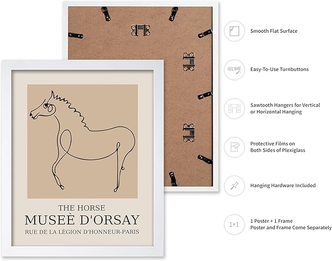 Poster Master Vintage Poster - Retro Minimalist Print - Gift for Artist, Friend - Horse, Line Drawing, Sketch, Abstract - Wall Decor for Living Room, Bedroom, 11x14 White Framed-Ruum Studio Home