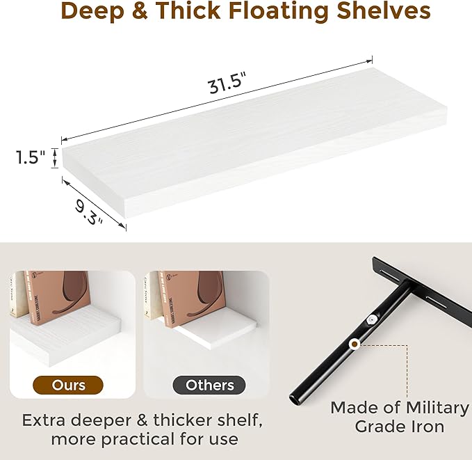 Fun Memories White Floating Shelves 32 Inch Long, 9 Inch Deep Floating Bookshelf Wall Mounted, Farmhouse Wood Shelves White for Bathroom, Living Room, Bedroom, Home Decor Deep Shelf for Wall Set of 2-Ruum Studio Home