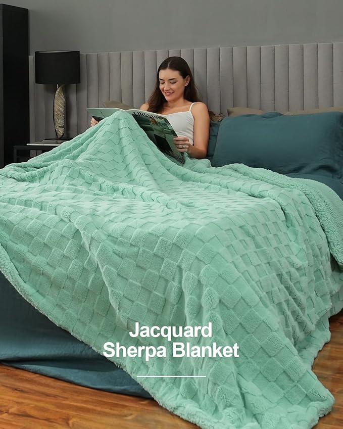 Pawque Super Soft Cozy Throw Blanket Queen Size for Couch Bed, Fluffy Sherpa Fleece Reversible Thick Warm Fuzzy Blanket for All-Season, 3D Checkered Jacquard Decorative Blankets, Sage Green, 90"x90"-Ruum Studio Home