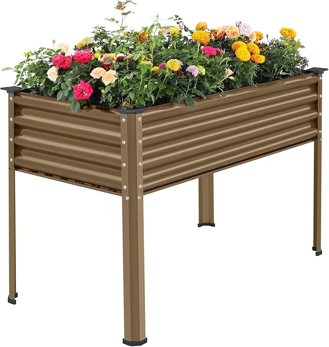 Land Guard Galvanized Oval Large Metal Raised Garden Bed with Legs for Vegetables (Beige)-Ruum Studio Home