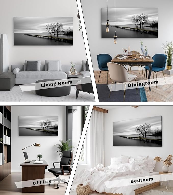 DZL Art S74998 Gray Canvas Prints Modern Minimalist Black and White Lake Trees Landscape Wall Art Painting for Living Room Bedroom Decor Office Wall Decor Home Decoration-Ruum Studio Home