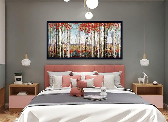 Large Framed Wall Art for Living Room Bedroom Modern Wall Decor of Red Leaves White Birch Tree Forest Giclee Painting Artwork Wall Decoration 29x58 Large Size Black Framed-Ruum Studio Home