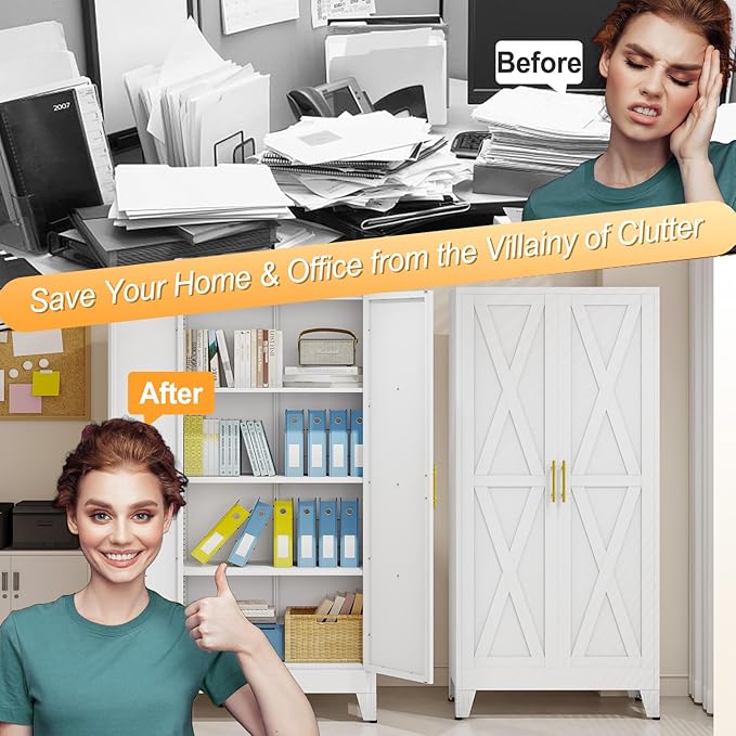 61" H Metal Kitchen Pantry Storage Cabinet, Freestanding Cupboard with 2 Doors and 3 Adjustable Shelves, Standing Storage for Kitchen, Bathroom, Garage, Dinning Room or Utility Room（White）-Ruum Studio Home