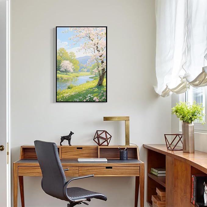 The scenery of a stream between trees and cherry blossoms under the blue sky is suitable for posting in the living room bedroom office landscape posters-Ruum Studio Home