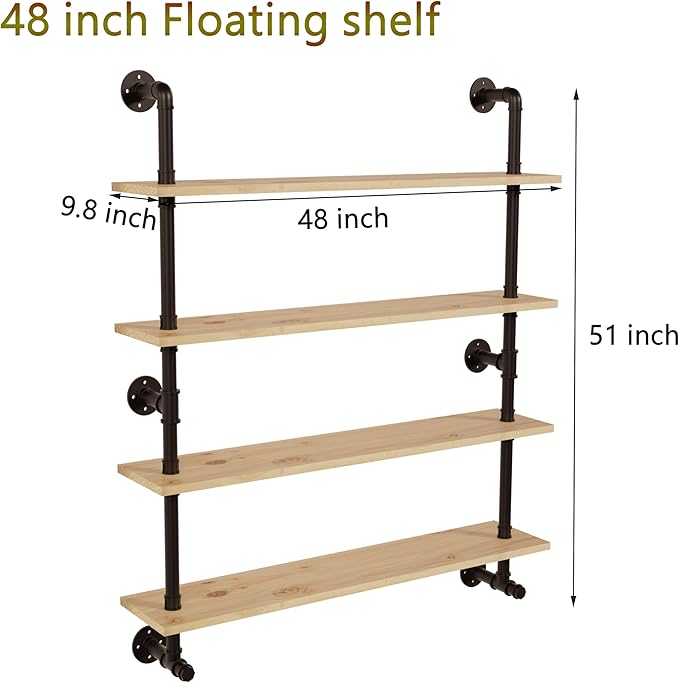 Industrial Pipe Wall Shelves Shelving with Real Wood Plank,48 Inches Floating Shelf for Wall Farmhouse Book Shelves Dark Brown 4 Tier for Kitchen,Living Room Decor and Bar Shelving-Ruum Studio Home