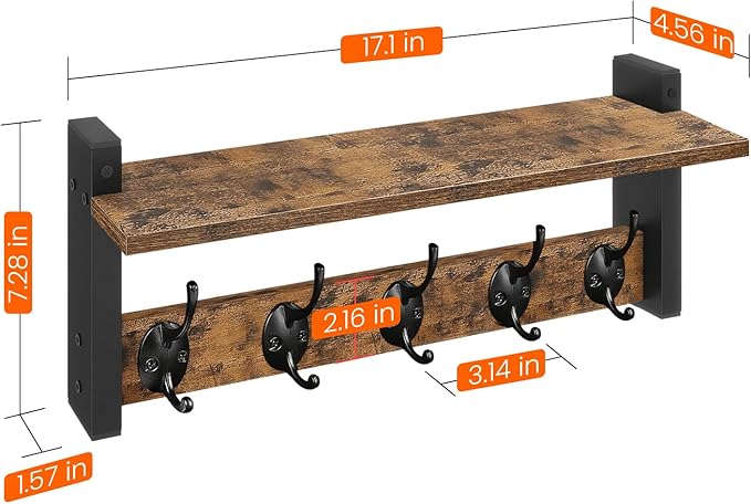 Homode Wall Hooks with Shelf, Wood Coat Rack with Shelf Wall-Mounted, Entryway Hanging Shelves with 5 Metal Hooks for Clothes Hats Towel Purse Robes, Bathroom Mudroom Bedroom, Rustic Brown Black-Ruum Studio Home