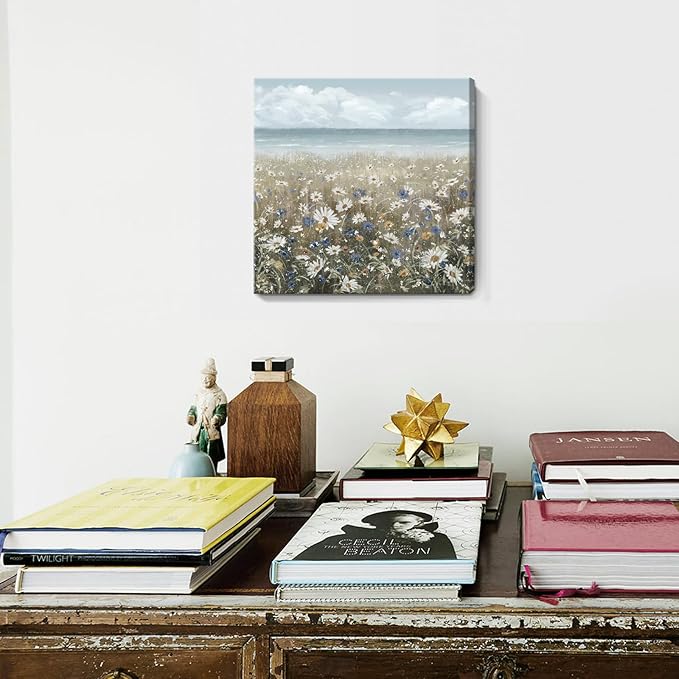 Canvas Wall Art Beach Floral Wall Picture Coastal Boho Farmhouse Daisy Flowers Nautical Sea Ocean Wildflowers Canvas Print Vintage Artwork for Small Rustic Bathroom Bedroom Living Room Office Décor-Ruum Studio Home