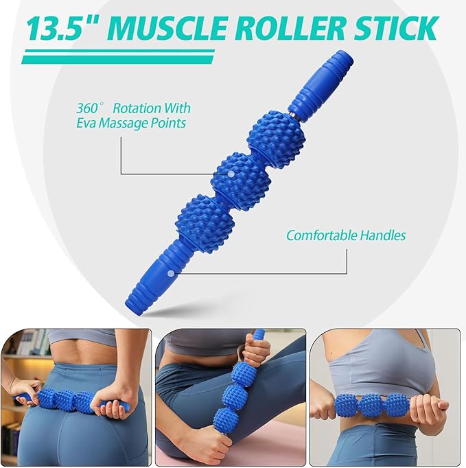 5-in-1 Foam Roller Set, Massage Roller Stick, Massage Ball, Resistance Band for Deep Muscle Massage, Trigger Point Release, Pilates, Yoga (Blue-Wave)-Ruum Studio Home