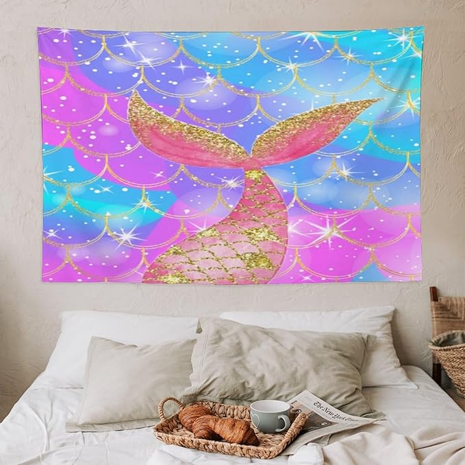 HZOHNAGO Mermaid Scales Tapestry Colorful Shiny Scales Mermaid Tail Pattern Printed Wall Tapestry Wall Hanging for Bedroom Living Room Dorm 60" W x 40" H-Ruum Studio Home