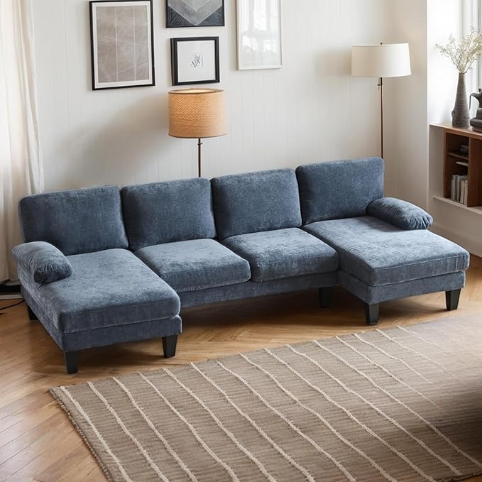Karl home U-Shape Sectional Sofa Couch 111" Modern 4-Seat Sofa with Chaises Chenille Fabric Upholstered Covertible Couch with Wood Grain Legs for Living Room, Reception Room, Apartment, Navy Blue-Ruum Studio Home