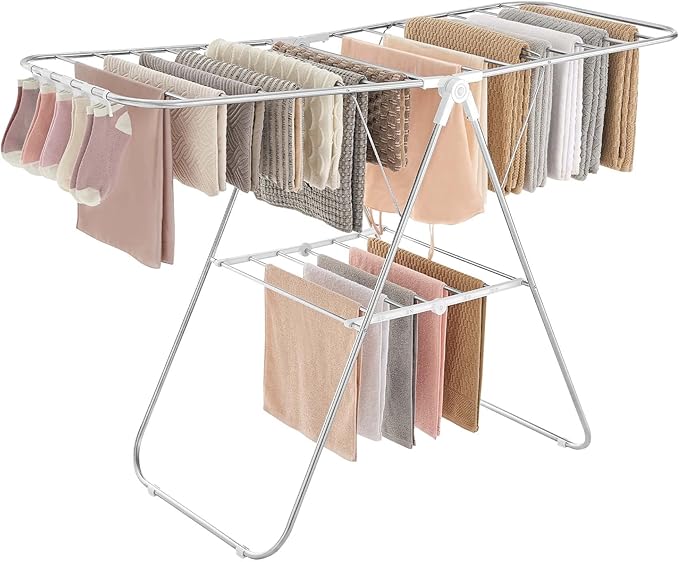 SONGMICS Clothes Drying Rack, with Sock Clips, Metal Laundry Rack, Foldable, Space-Saving, Free-Standing Airer, with 2 Height-Adjustable Gullwings, Indoor Outdoor Use, Silver and White ULLR052W01-Ruum Studio Home