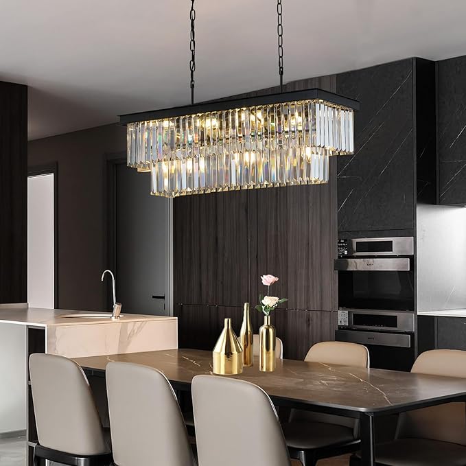 Crystal Chandeliers for Dining Room 11-Light Black Modern Chandelier Rectangle Contemporary Pendant Light Fixture for Kitchen Island Bar L33.5 Inch-Ruum Studio Home