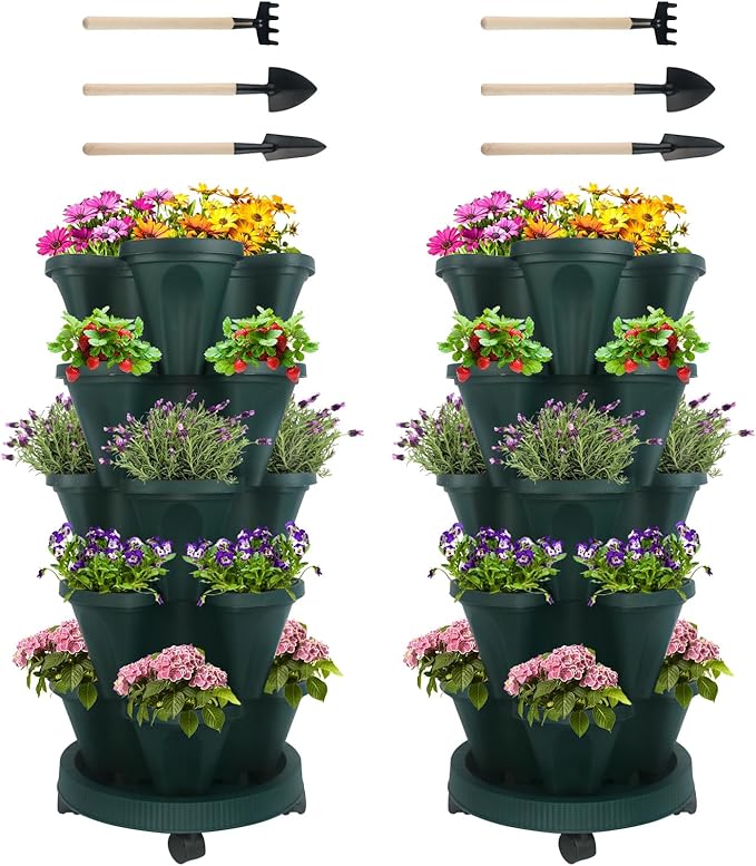 Vertical Planter 5 Tier Stackable Planters Garden Planters Strawberry Herb Flower and Vegetable Planter Indoor Outdoor Gardening Pots with Removable Wheels and Tools 2-Pack-Ruum Studio Home