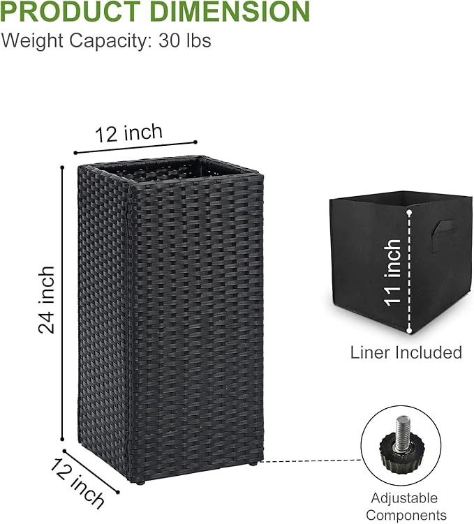 LEWIS&WAYNE Set of 2 Tall Planters for Outdoor Plants Handmade 24'' Wicker Tall Square Planter Box with Removable Liners Modern Planter for Indoor Outdoor Garden Patio Front Porch - Black-Ruum Studio Home