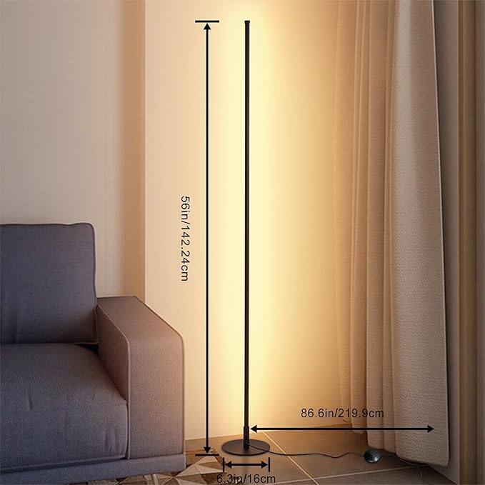 Modern Floor Lamps for Living Room, 56" LED Black Corner Lights with Remote, Dimmable, Floor Standing Lamp for Bedroom Home Office-Ruum Studio Home