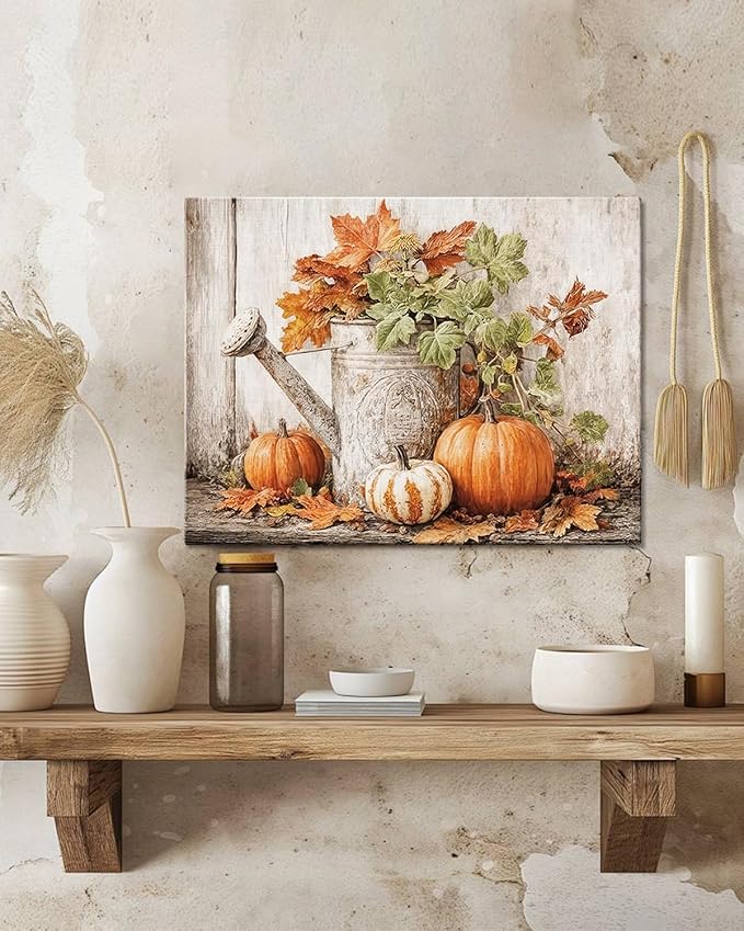 Autumn Pumpkin and Watering Can Canvas Wall Art, Rustic Fall Leaves Print Farmhouse Picture for Thanksgiving Decorations, Fall Wall Art Decor Ready to Hang-Ruum Studio Home