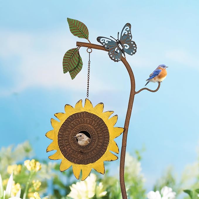 BAYN 57” Bird Houses Stake for Outside, Metal Wild Bird Feeder Birdhouse Stake Pole with Sunflower Design Outdoor Decorations for Patio, Backyard, Garden-Ruum Studio Home