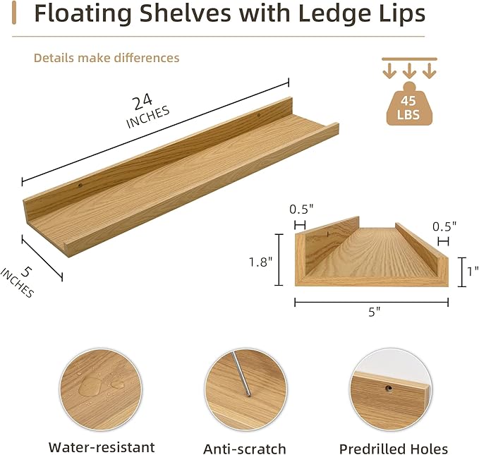 Picture Ledge Shelf, Wood Floating Shelves Set of 4, 24 inch Picture Ledge Shelves, Photo Ledge Nursery Book Shelves Wall Mounted for Living Room Kids' Room Bedroom, Color Oak-Ruum Studio Home